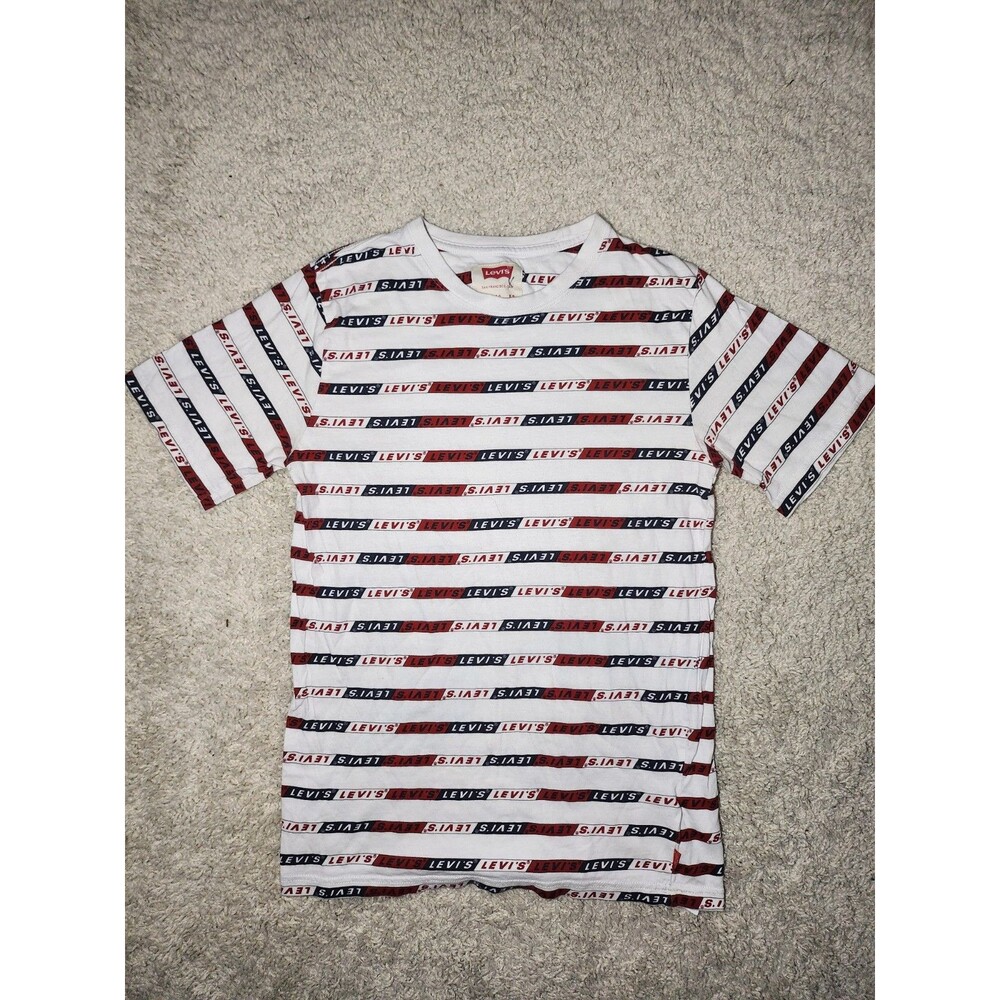 Levi’s Kids XL Striped Logo T-Shirt White Red Blue All Over Print Graphic Tee